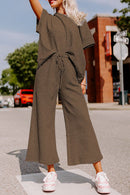 Brown Textured Loose Fit T Shirt and Drawstring Pants Set - SELFTRITSS