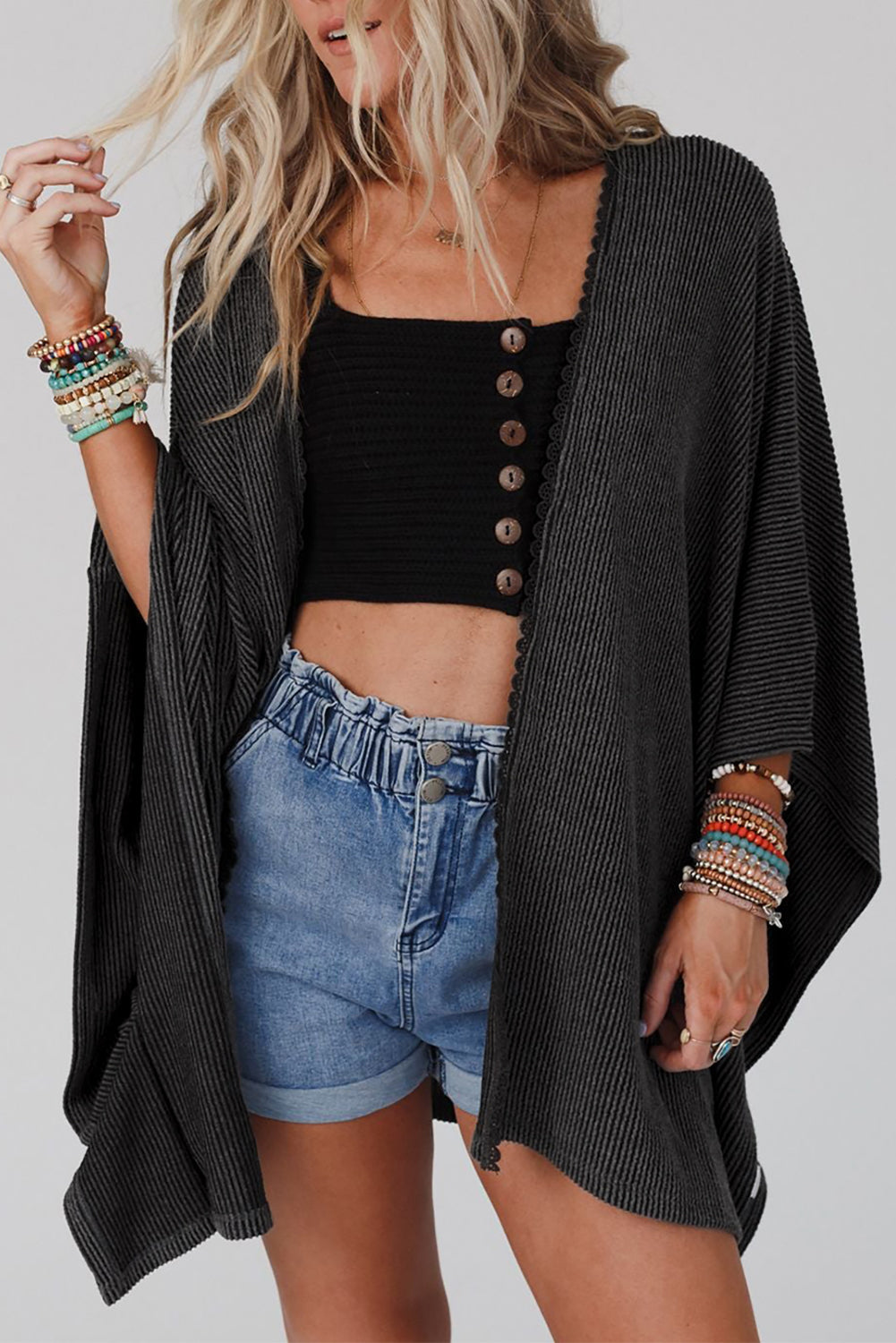 Black Lace Trim Ribbed Oversize Kimono - SELFTRITSS