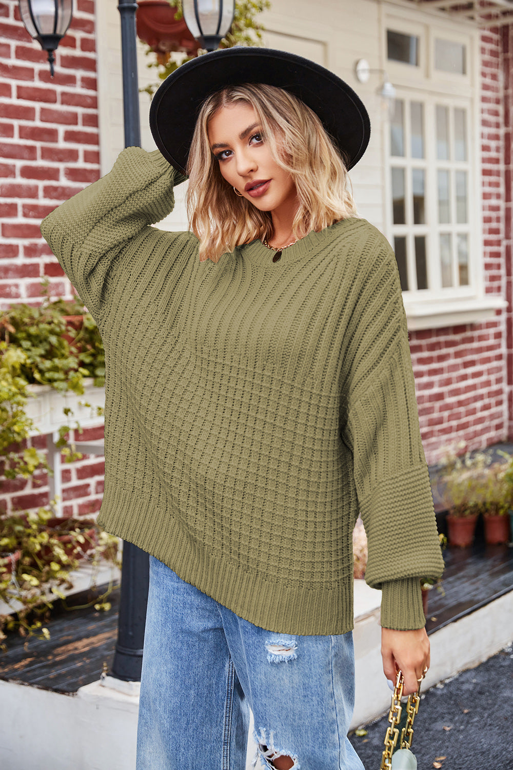 Camel Ribbed Drop Shoulder Lantern Sleeve Sweater