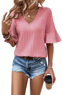 Peach Blossom Ruffled Half Sleeve V Neck Textured Top - SELFTRITSS