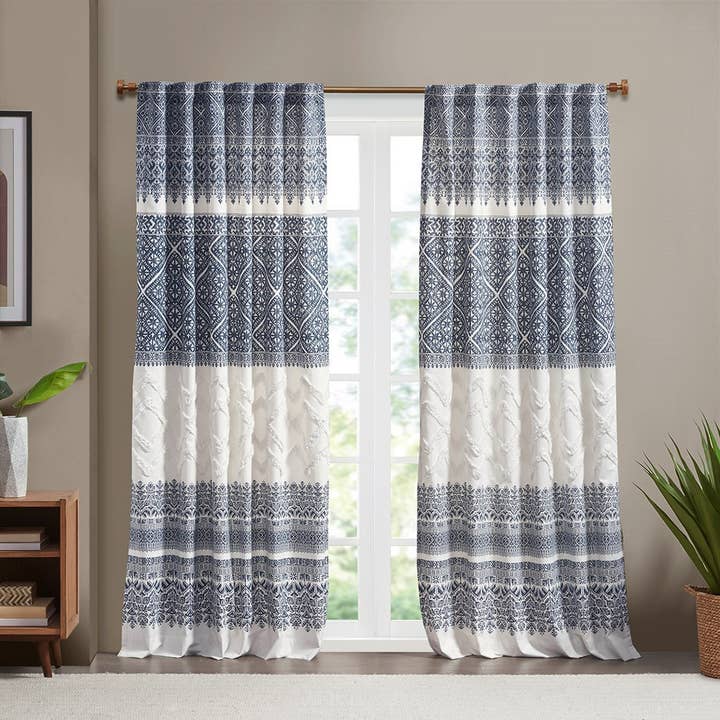 Tufted Boho Window Curtain, Navy Blue