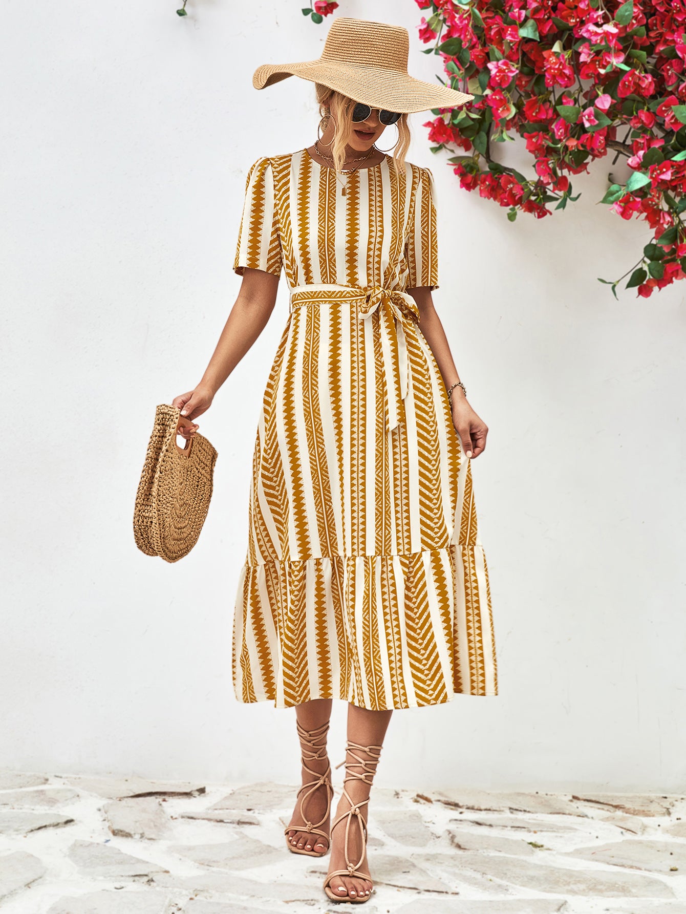 Striped Tie Belt Round Neck Puff Sleeve Dress - SELFTRITSS   