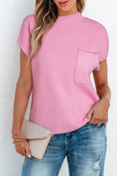 Pink Patch Pocket Ribbed Knit Short Sleeve Sweater - SELFTRITSS   