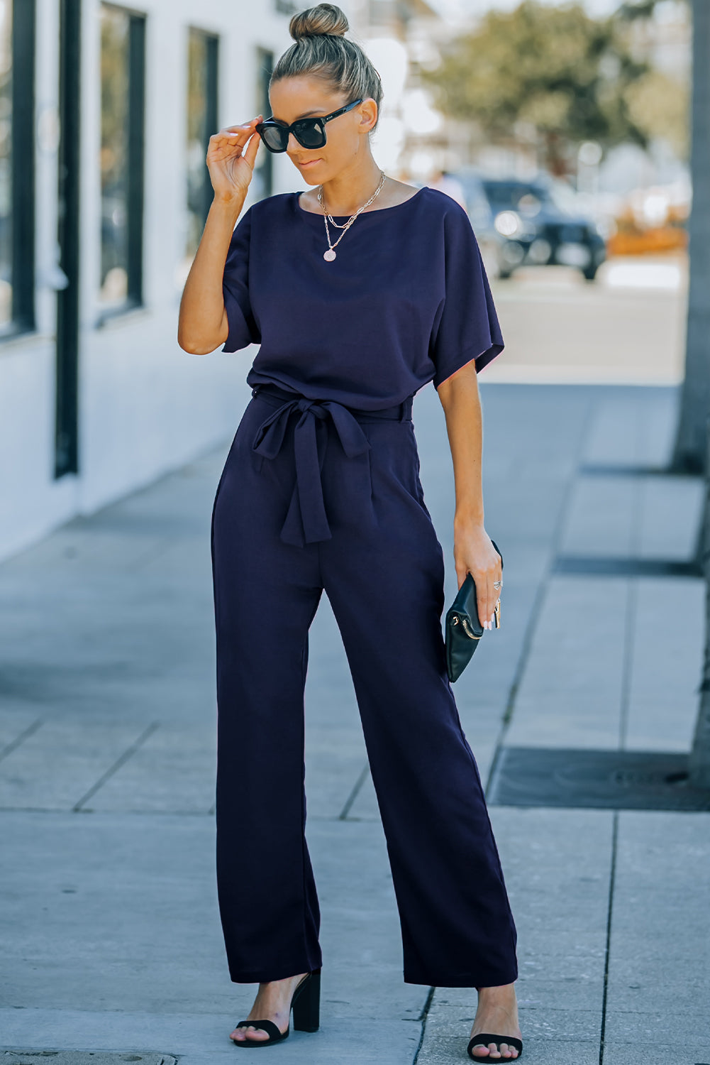 Blue Oh So Glam Belted Wide Leg Jumpsuit - SELFTRITSS   