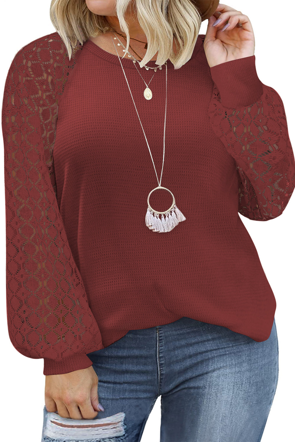 Red Plus Size Contrast Lace Sleeve Waffle Knit Top - SELFTRITSS