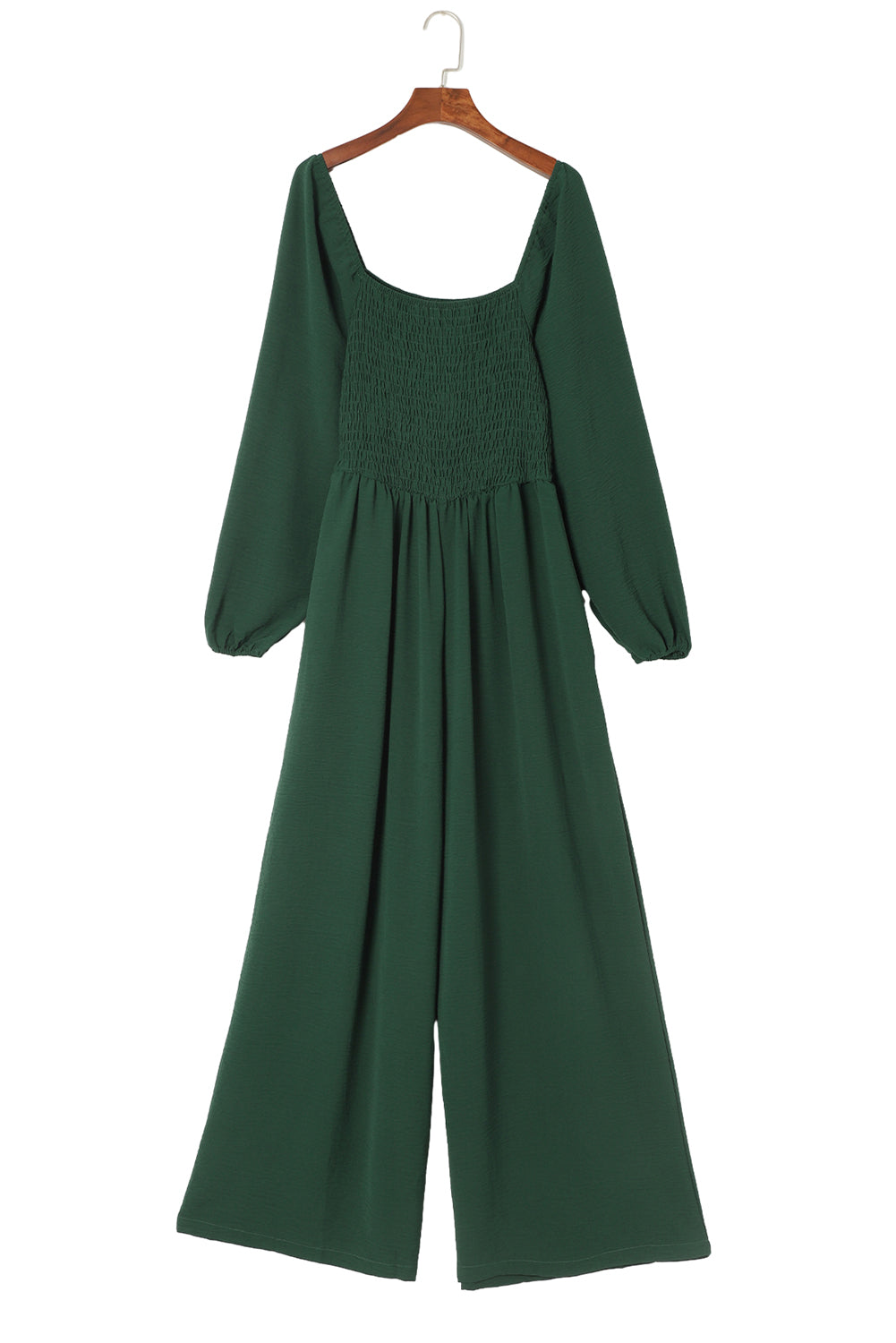 Green Smocked Square Neck Long Sleeve Wide Leg Jumpsuit - SELFTRITSS   