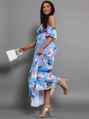 Pleated Floral Off-Shoulder Short Sleeve Midi Dress - SELFTRITSS   