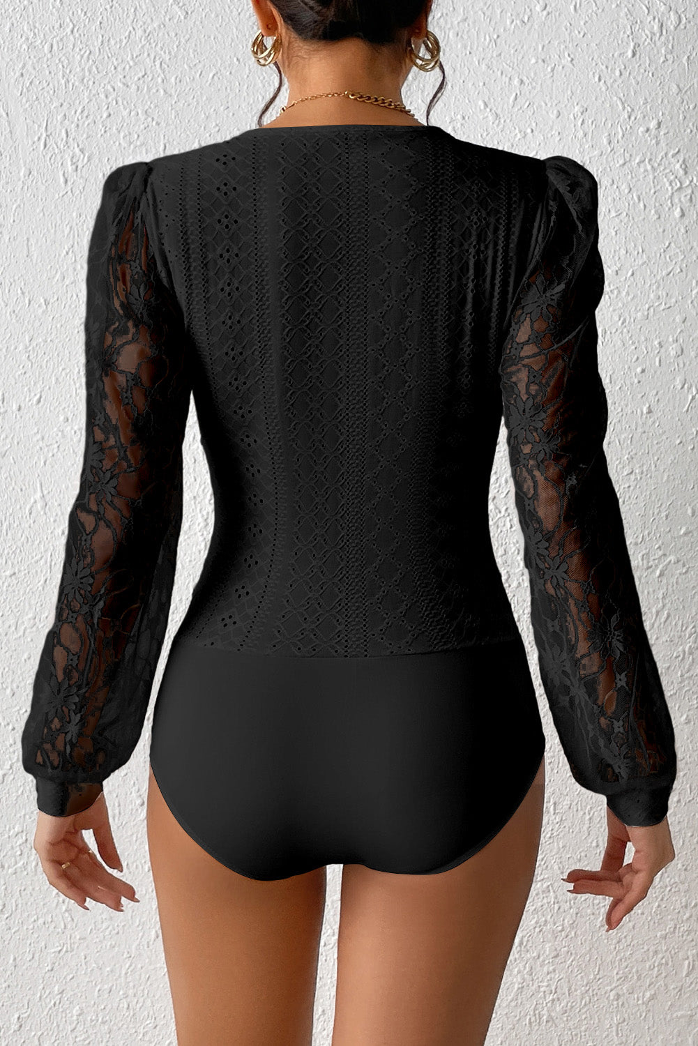 Black Frenchy Contrast Lace Bishop Sleeve Bodysuit - SELFTRITSS