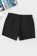 Black Solid Color Distressed Denim Shorts - SELFTRITSS