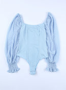 Sky Blue Solid Swiss Dot Ribbed Puff Sleeve Bodysuit - SELFTRITSS