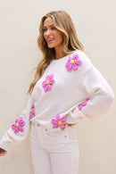 Crochet Flower Round Neck Long Sleeve Sweater - SELFTRITSS   