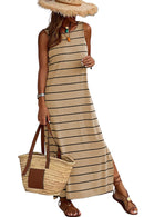 Khaki Stripe Print Open Back Sleeveless Maxi Dress with Slits - SELFTRITSS