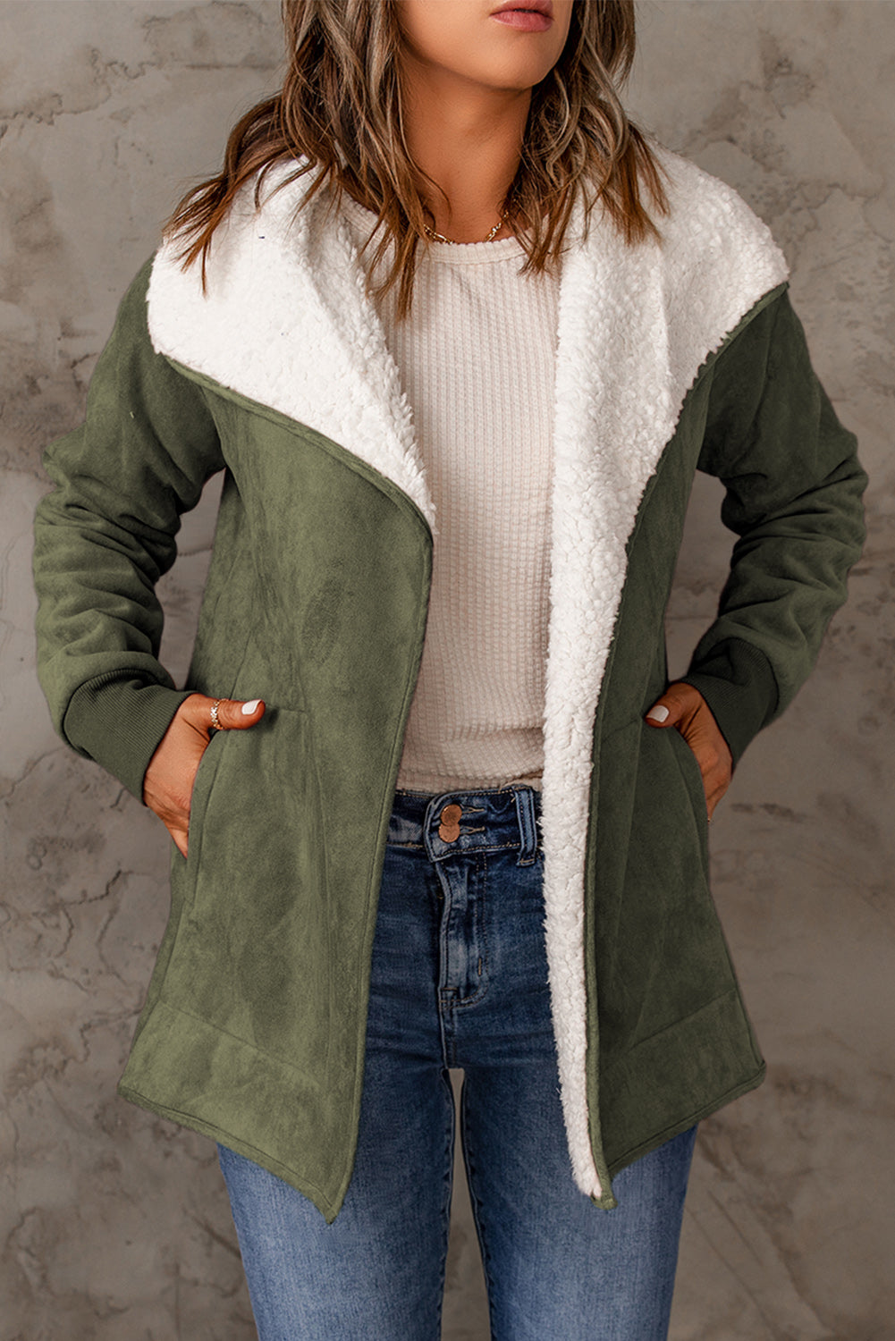 Green Faux Suede Fleece Lined Open Front Jacket - SELFTRITSS   