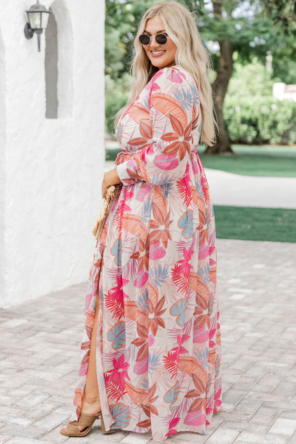 Multicolor Tropical Palm Print Tie High Waist Plus Size Maxi Dress - SELFTRITSS