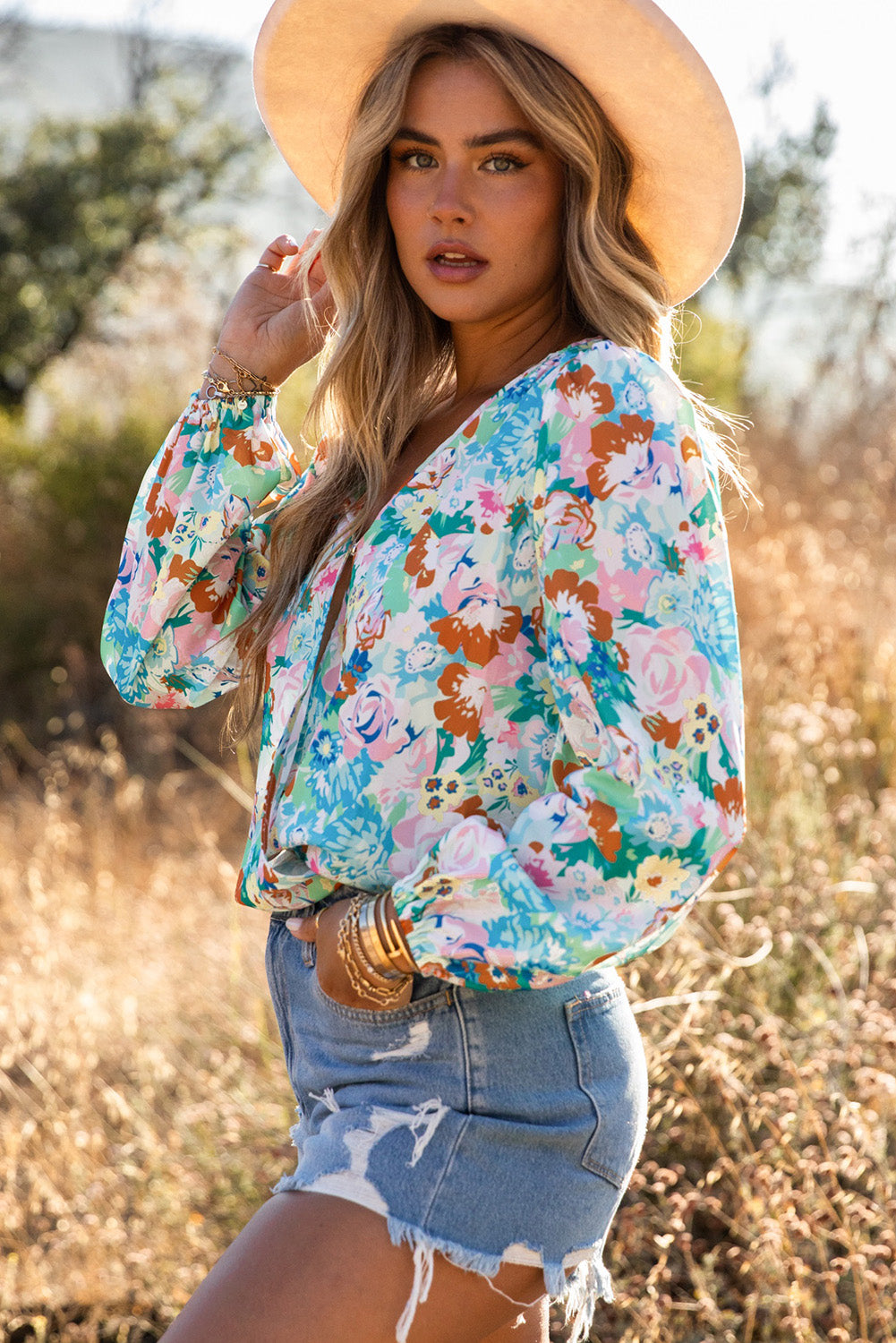 Sky Blue Floral Print Wrap Long Sleeve Bodysuit - SELFTRITSS