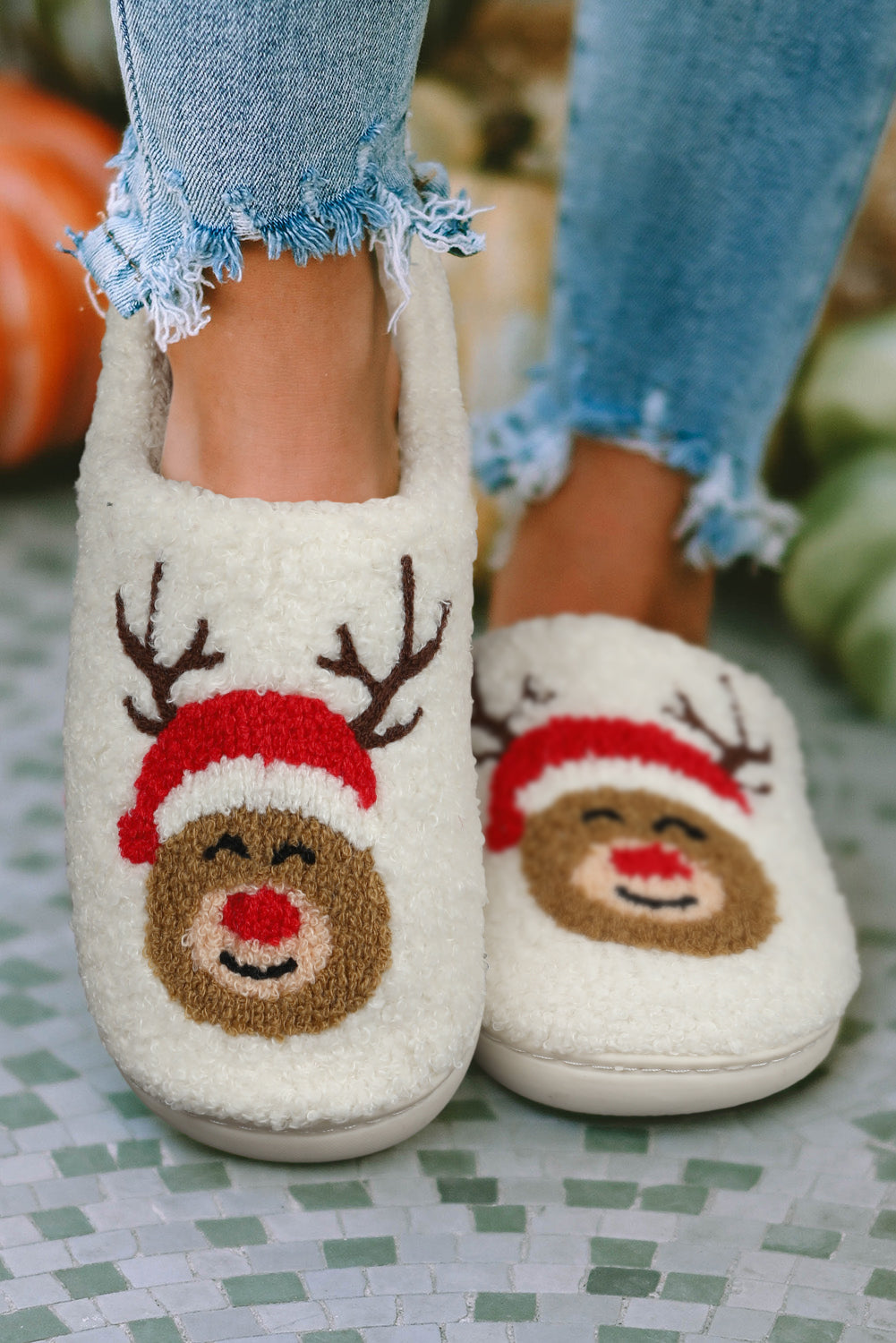 White Christmas Deer Home Indoor Plush Slippers - SELFTRITSS