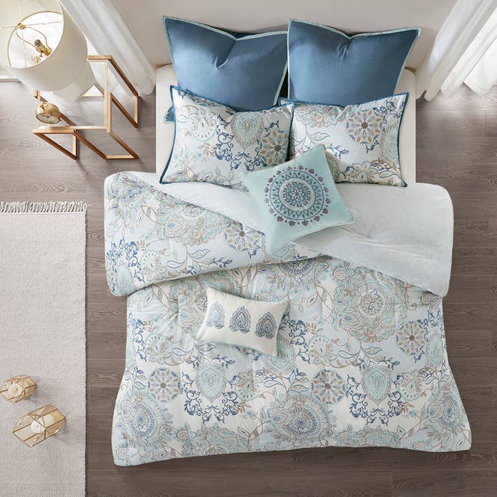 Boho Botanical Comforter Set, Blue
