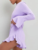 Round Neck Long Sleeve Top and Ruffled Shorts Set - SELFTRITSS   