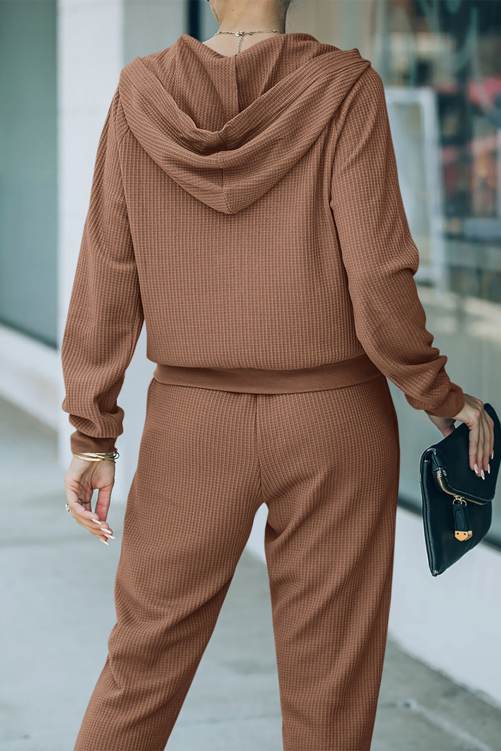 Brown Waffle Knit Zip-Up Hoodie and Pants Athleisure Outfit - SELFTRITSS