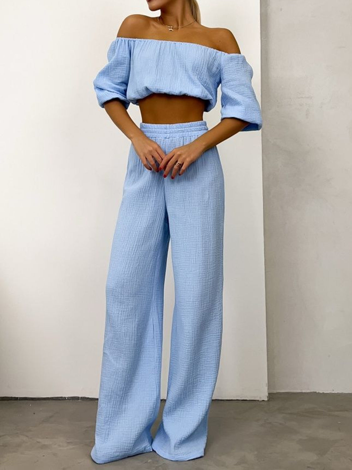 Off Shoulder Long Sleeve Top and Pants Set - SELFTRITSS   