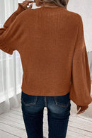 Chestnut Ribbed Knit Drop Shoulder Ruffled Sleeve Textured Top - SELFTRITSS