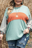 Green Plus Size Striped Long Sleeve Colorblock Tee with Slits - SELFTRITSS