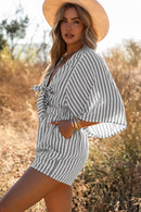 Gray 3/4 Wide Kimono Sleeves Tie Front Striped Romper with Pockets - SELFTRITSS   