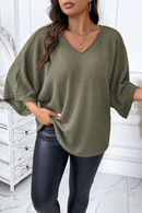 Jungle Green Plus Size V Neck Textured Knit Dolman Top - SELFTRITSS   