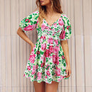 Summer Floral Print V-Neck Lantern-sleeve Dress - SELFTRITSS   