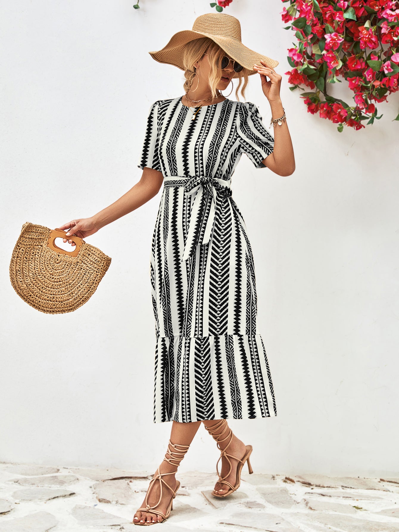 Striped Tie Belt Round Neck Puff Sleeve Dress - SELFTRITSS   