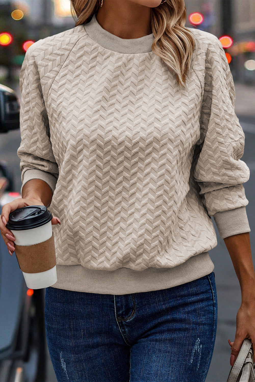 Beige Solid Textured Raglan Sleeve Pullover Sweatshirt - SELFTRITSS   