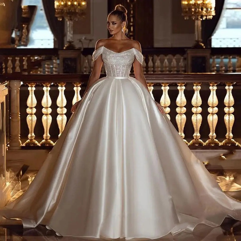Off Shoulder Wedding Dresses Shiny Bohemia Bridal Dress