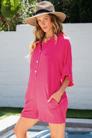 Bright Pink Half Button Collared Loose Romper - SELFTRITSS   