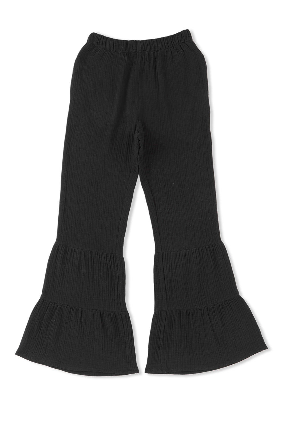 Black Textured High Waist Ruffled Bell Bottom Pants - SELFTRITSS