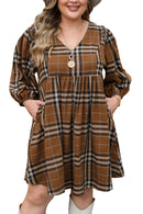 Brown Printed Plaid V Neck Plus Size Babydoll Dress - SELFTRITSS