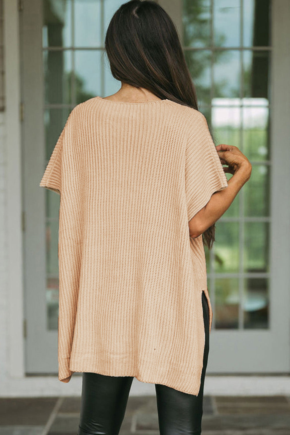 Apricot Short Sleeve Side Slit Oversized Sweater - SELFTRITSS