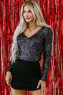 Black Sequin V Neck Zipped Long Sleeve Bodysuit - SELFTRITSS   