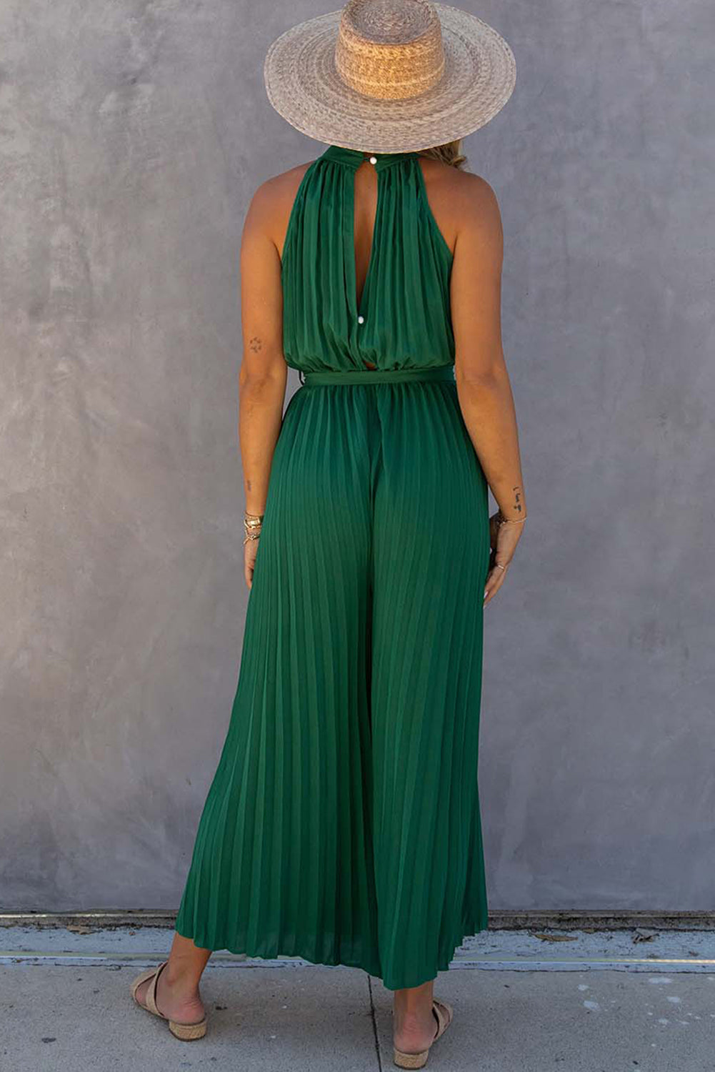 Green Halter Neck Pleated Wide Leg Jumpsuit with Belt - SELFTRITSS   