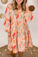 Multicolour Split Neck Puff Sleeve Flowy Printed Dress - SELFTRITSS