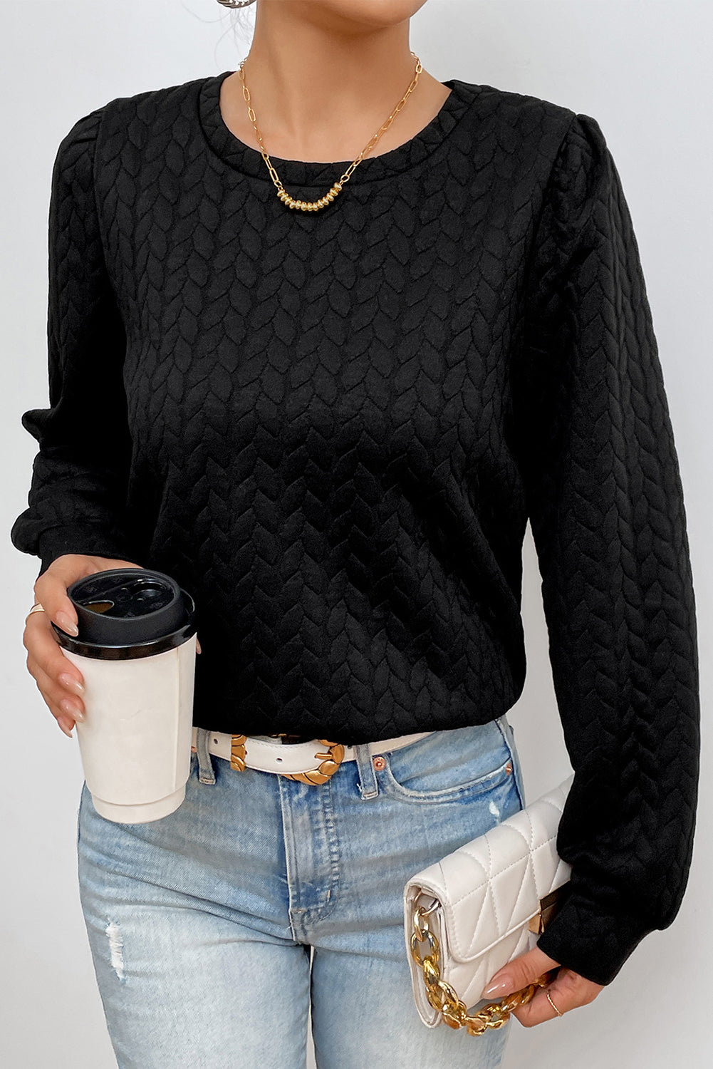 Black Cable Textured Puff Sleeve Sweatshirt - SELFTRITSS