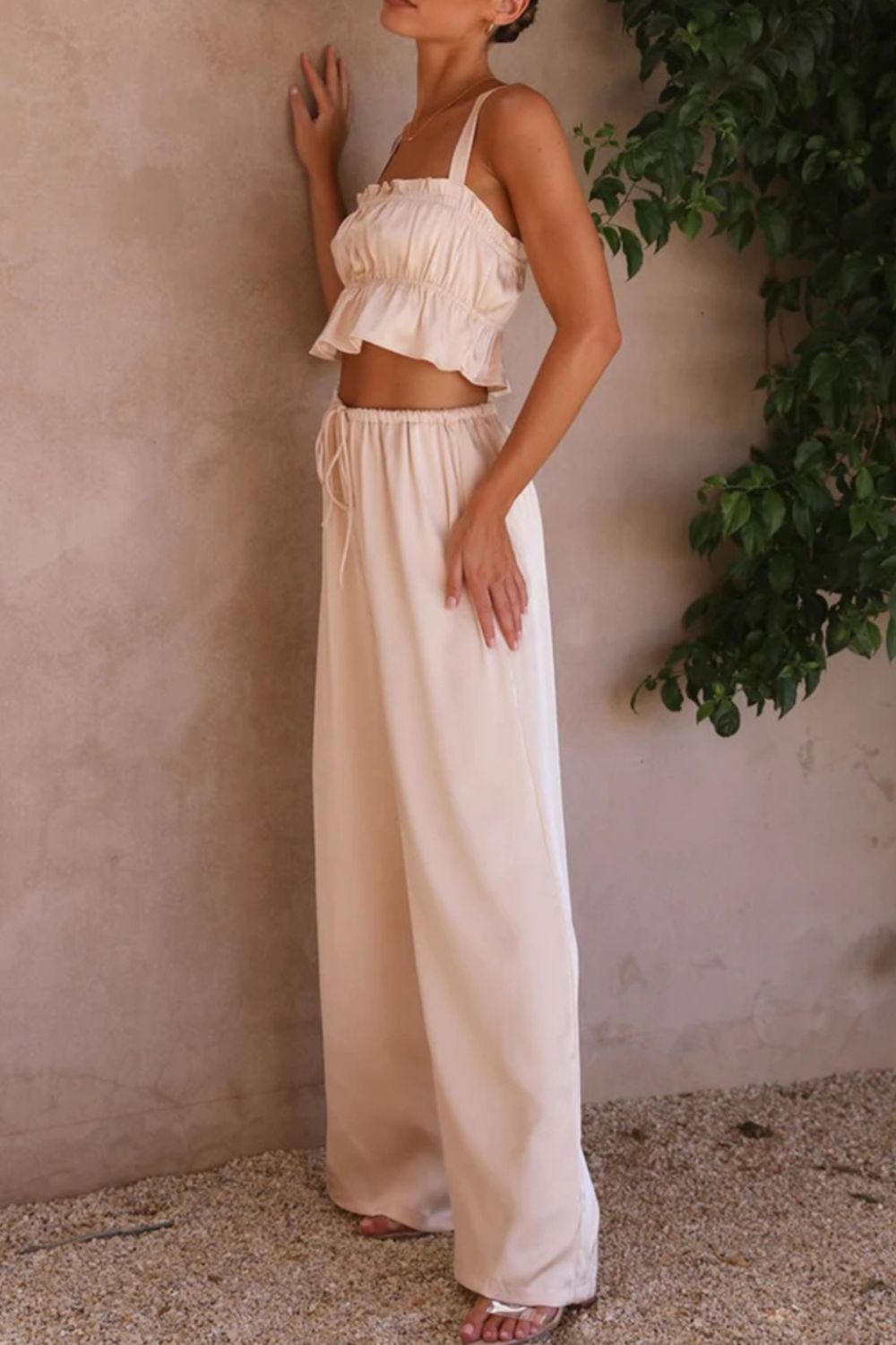 Ruffled Sleeveless Top and Wide Leg Pants Set - SELFTRITSS   