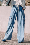 Sky Blue Drawstring High Waist Cargo Pocket Wide Leg Jeans - SELFTRITSS