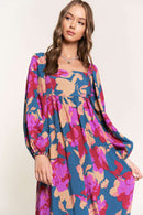 Multicolour Floral Print Square Neck Ruffled High Waist Dress - SELFTRITSS