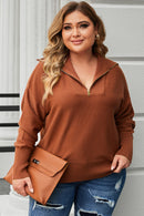 Brown Solid Ribbed Trim Plus Size Zip Collar Sweater - SELFTRITSS