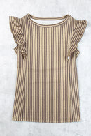 Khaki Striped Crew Neck Ruffled Tank Top - SELFTRITSS   