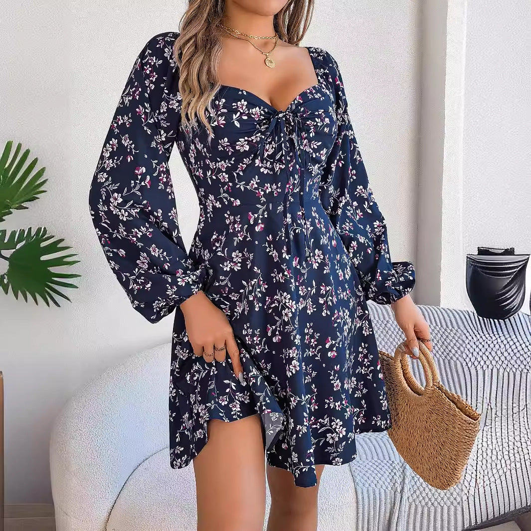 Women's Casual Floral Print Lantern Sleeve Dress