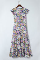 Purple Layered Ruffle Sleeves Long Floral Dress - SELFTRITSS