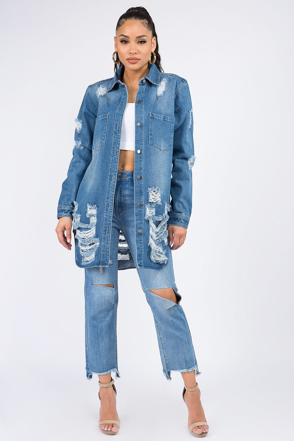 American Bazi Distressed Button Down Denim Shirt Jacket - SELFTRITSS