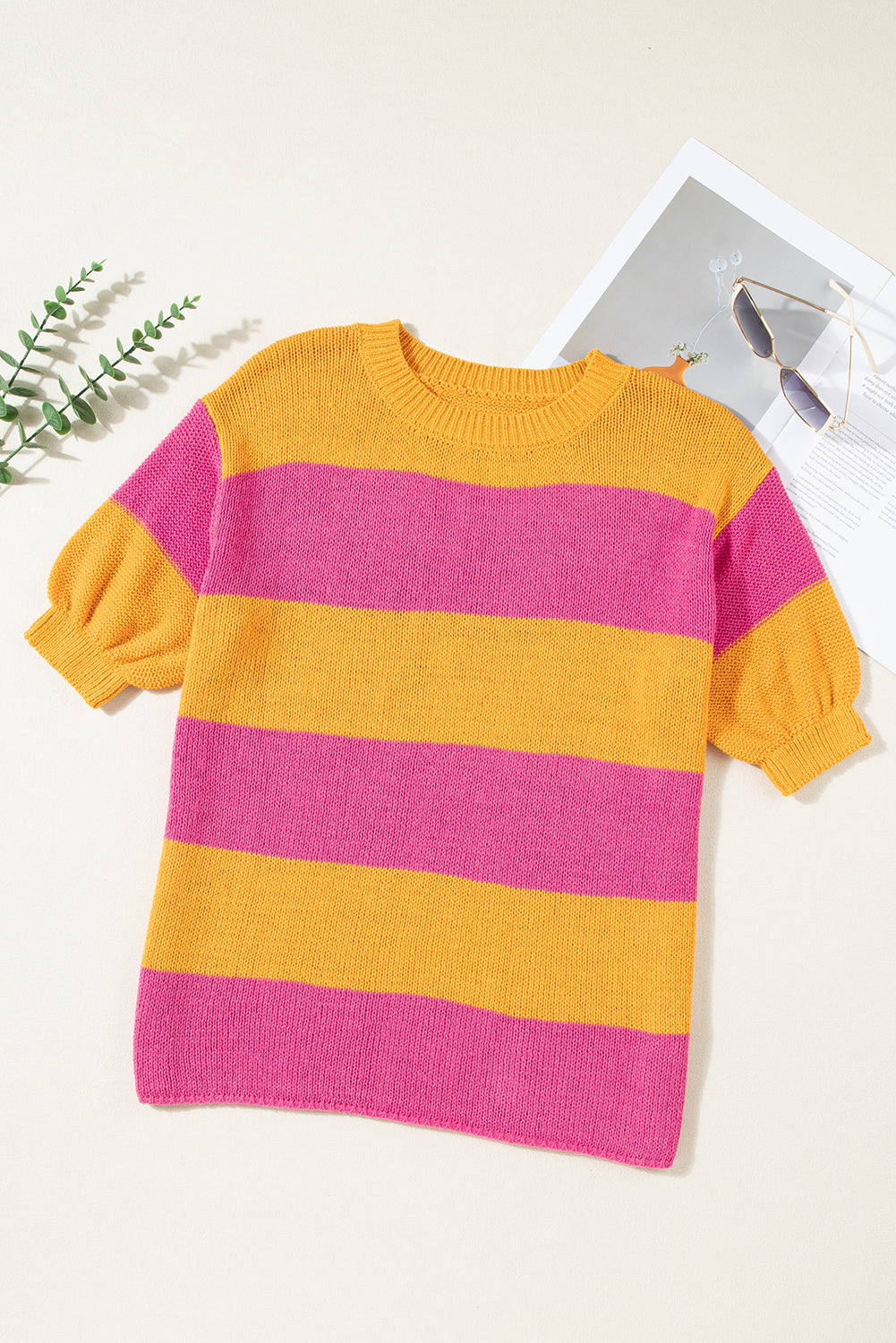 Orange Stripe Color Block Knitted T-shirt Sweater - SELFTRITSS   