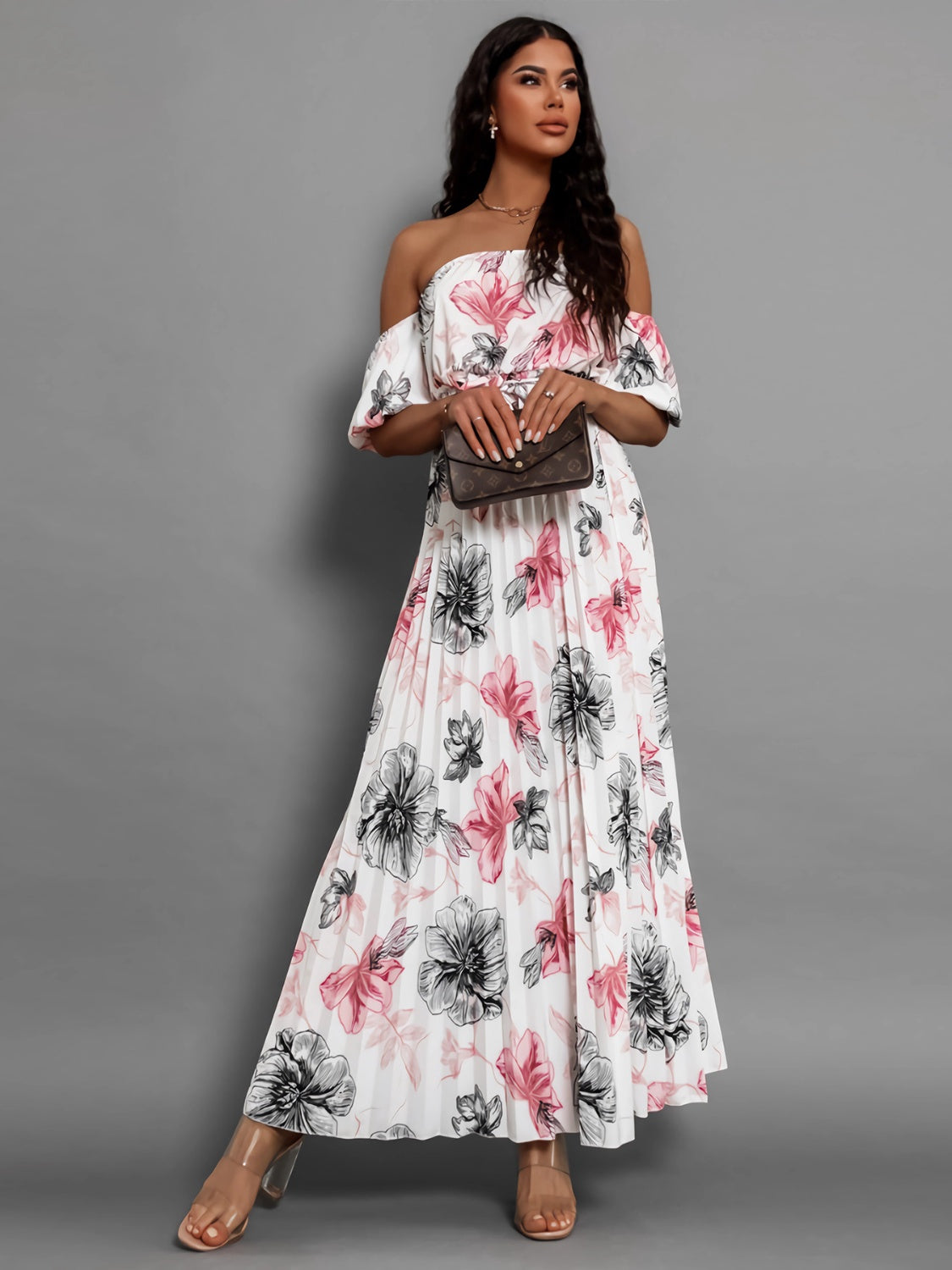 Pleated Floral Off-Shoulder Short Sleeve Midi Dress - SELFTRITSS